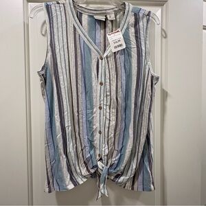 Linen Striped Tie-Front Sleeveless Top in Blue and Gray